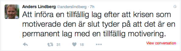 Skärmklipp från Anders Lindbergs Twitter-flöde.
