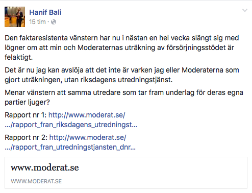 Skärmavbildning från Hanif Balis Facbook.