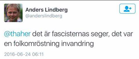 Det nu raderade inlägget på Twitter från Anders Lindberg, Aftonbladets tillförordnade chef för Ledarredaktionen