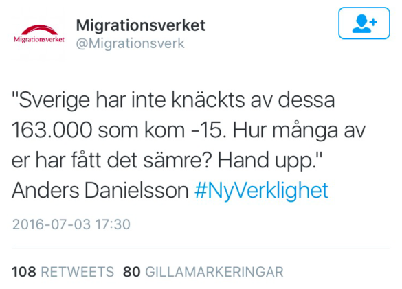 Skärmavbildning från Migrationsverkets officiella twitterkonto.