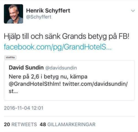Skärmavbildning från Henrik Schyfferts twitterflöde.