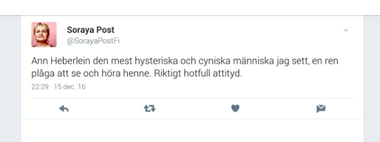 Skärmavbildning Soraya Post Twitterflödet. En tweet som hon senare raderade.